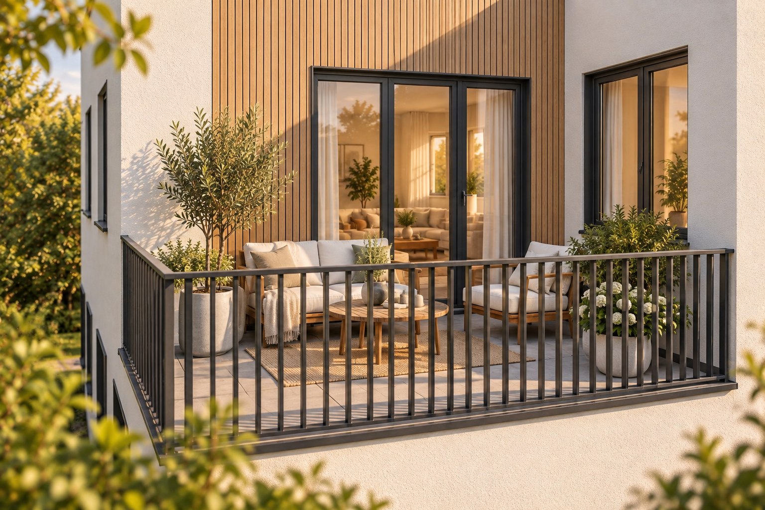 Dachterrasse mit Sitzbereich im Vordergrund und Blick in die Wohnung · Architekturvisualisierung