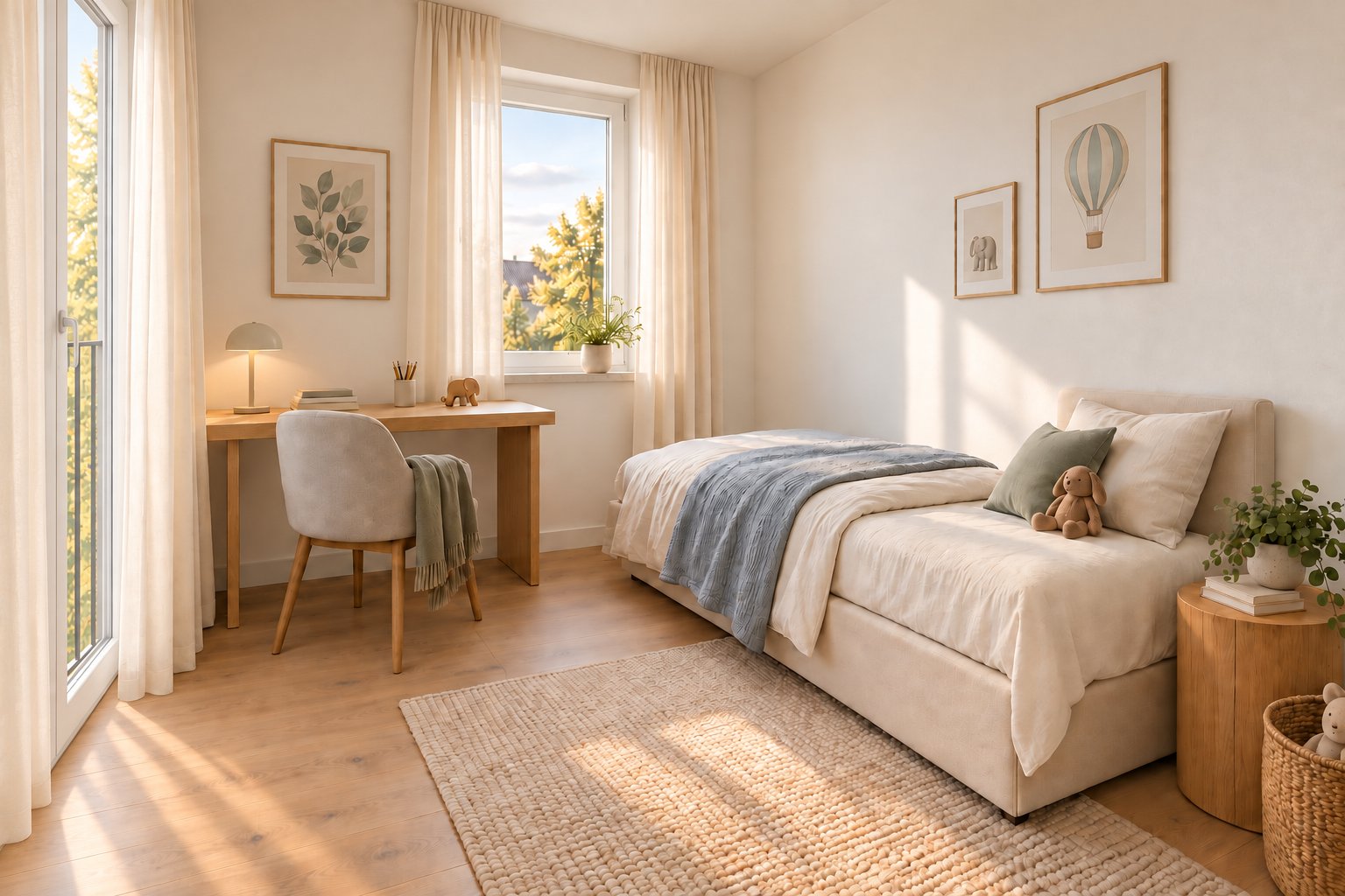 Zimmer 1 mit französischem Balkon und zwei Türflügeln · Einrichtungsvorschlag als Kinderzimmer